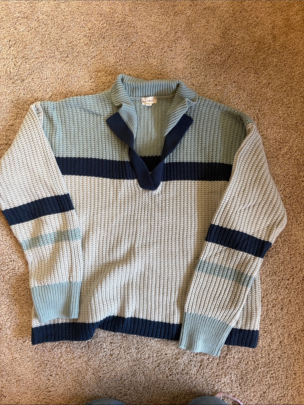 Hem & Thread Women's Light Blue and Navy V-Neck Stripe Sweater